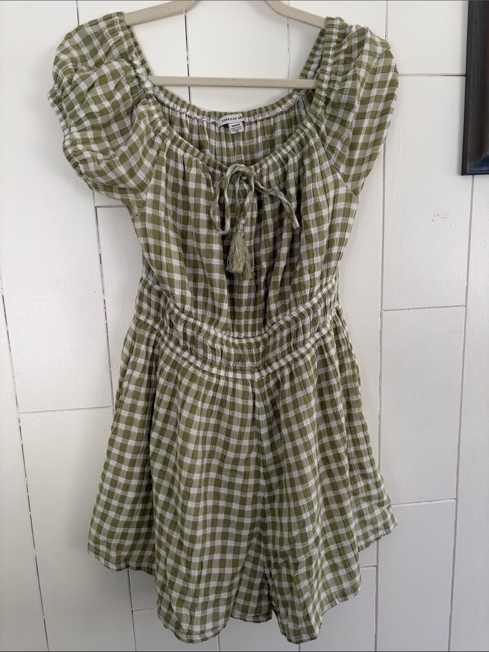 American Eagle Outfitters sage Green and White Gingham Romper with Tie Neck